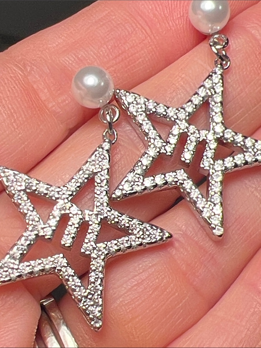 Silver Star Drop Earrings with Pearl Studs - Picture 4 of 5